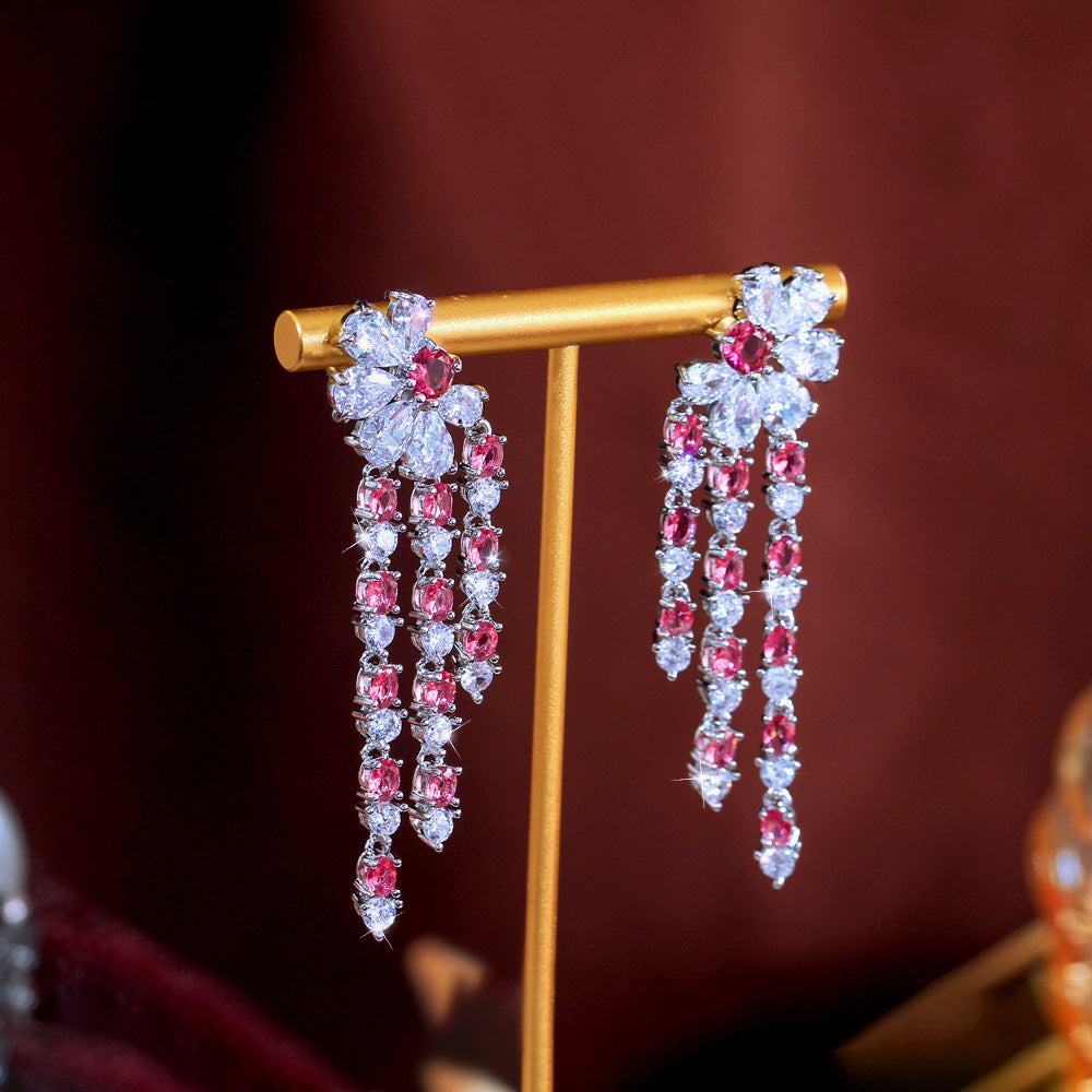 Ultra-shining zirconia high-end style earrings luxurious and niche popular among netizens versatile fringed ear pendants simple and fashionable accessories