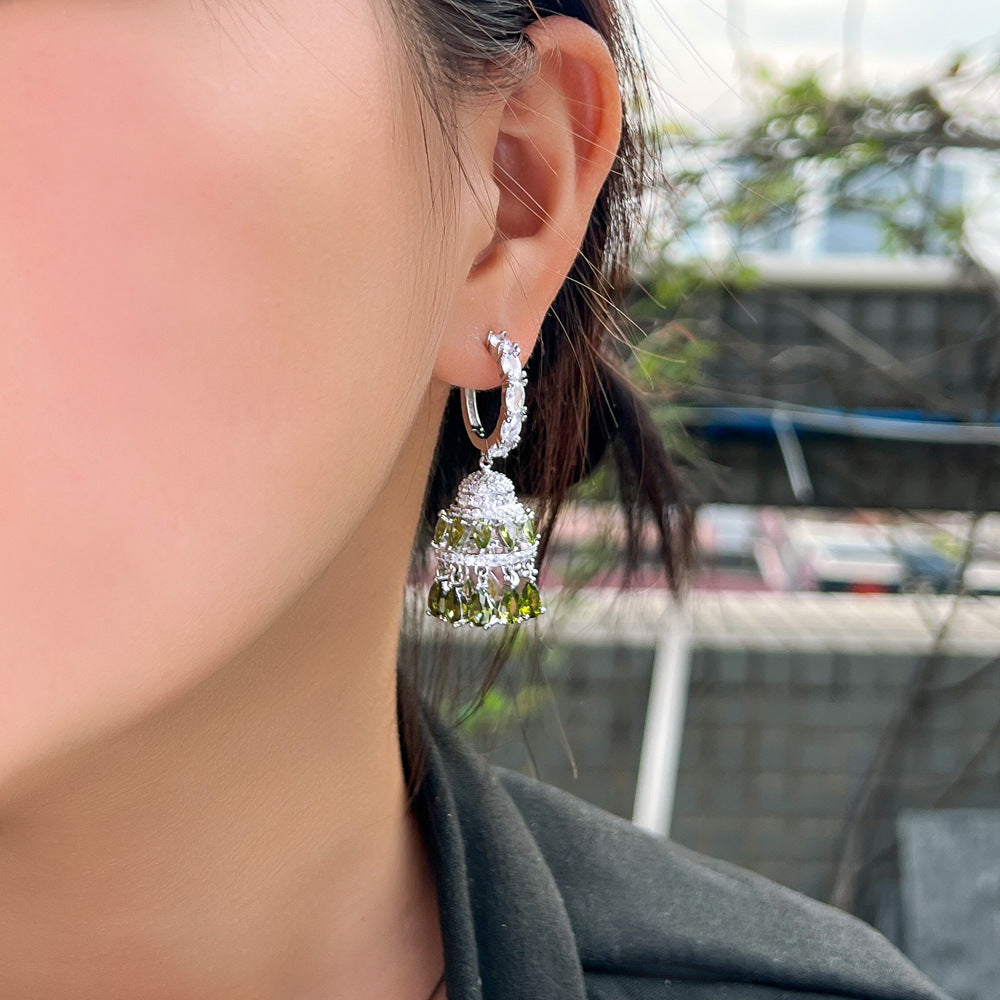 European Heavy Industry Luxurious Retro Court Style Zircon Earrings with Full-Diamond Tassels and Hollow Bell Chimes Hollow Ear Accessories