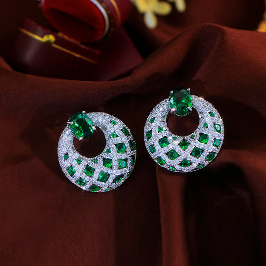 S925 silver jewelry - Korean-style fashionable and luxurious ear accessories with gemstones Emerald round stud earrings