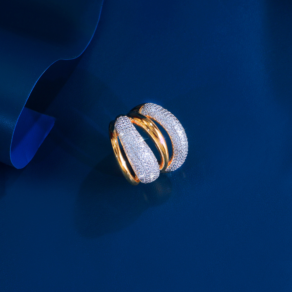European and American niche luxury copper-plated two-tone 18K gold zirconia geometric opening ring for women fashionable hip and unique finger jewelry