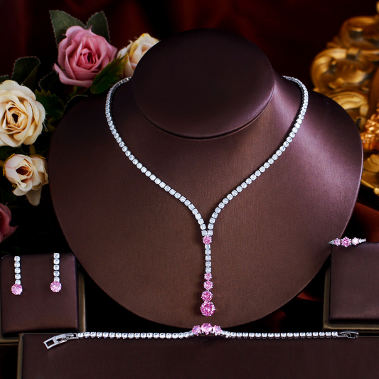 French-style minimalist luxury high-end princess pink zircon necklace, earrings bracelet and ring set - formal evening dress chain set