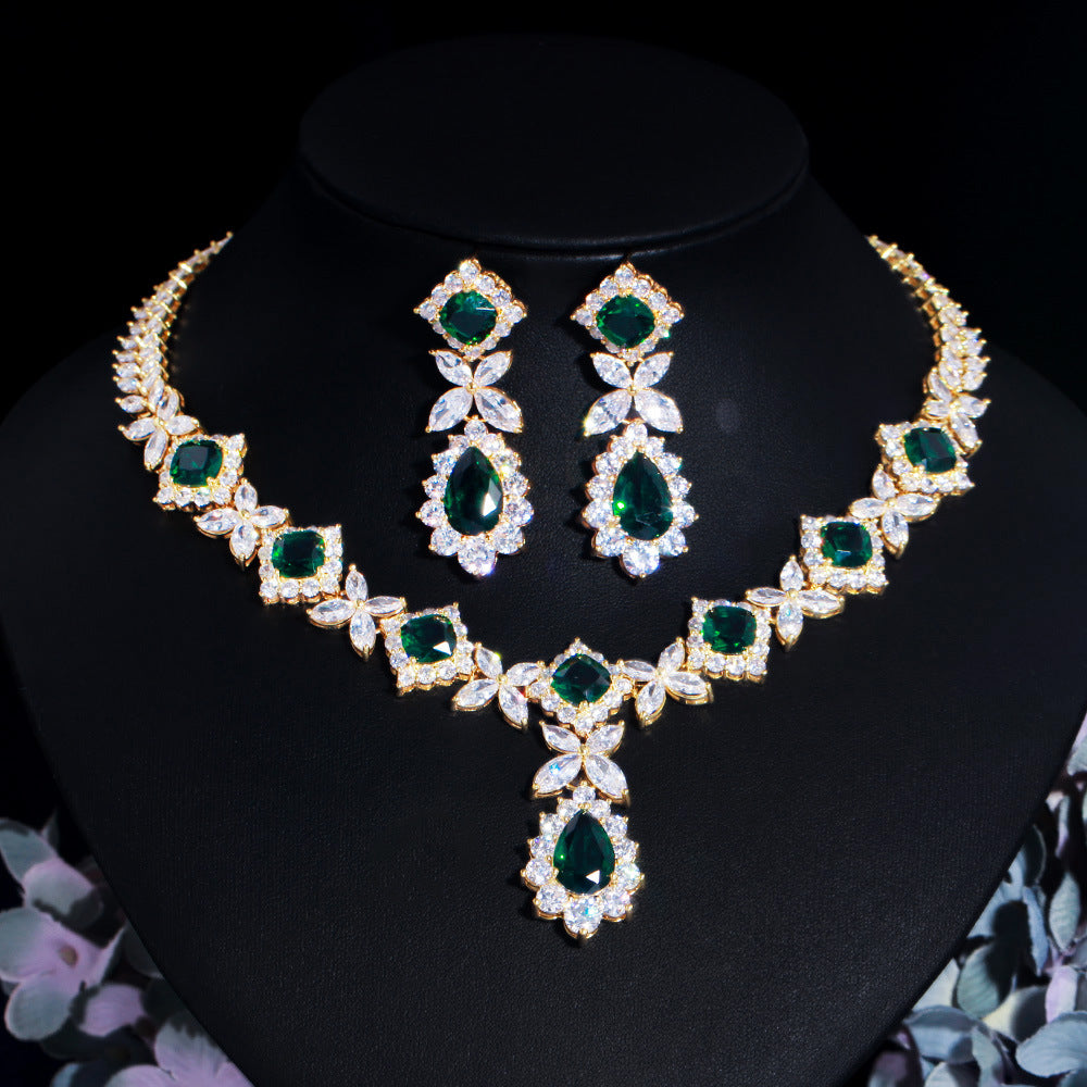 European and American fashion Rilie flower zircon necklace and earrings set emerald gemstone chain wedding dress accessory