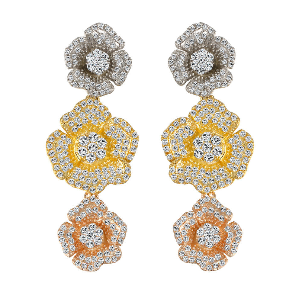 Korean style fashionable zircon long-stemmed three-dimensional flower S925 silver stud earrings in three colors - rose flower earrings accessory