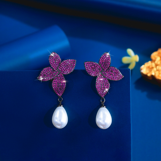 S925 silver needle luxury fashion leaf petal pearl earrings and stud earrings exuding elegance Gemstone gun black multi-purpose earrings