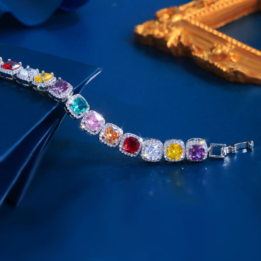 Luxury-sleek jewelry - Dopamine geometric square zirconia diamond bracelet accessory for women a niche design with a high-end feel full of precious stones