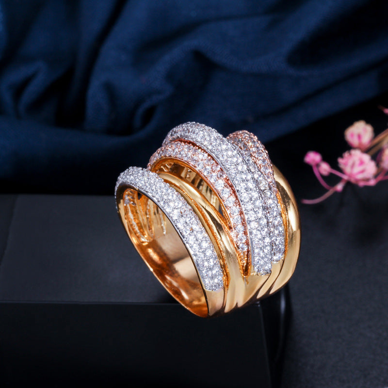 European and American personalized creative ring with micro-set five-row AAA zirconia stonesGuaranteed color stability