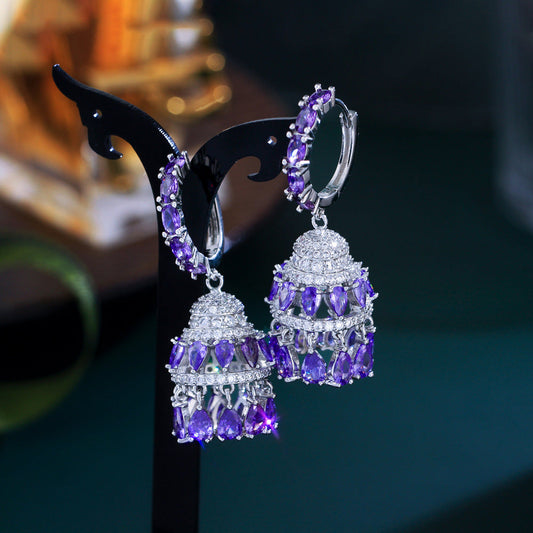 High-end luxurious and elegant purple heavy-weight court-style ear ornament featuring full-set of zirconia-studded water-drop-shaped three-dimensional bells as ear clasps and earrings
