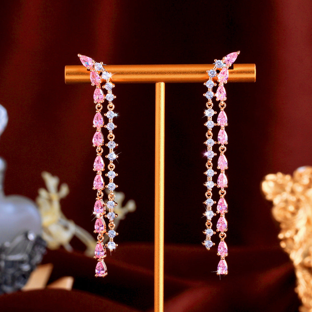 S925 silver thread fresh and sweet fairy-style powder diamond long dangling earrings with ultra-shiny full-zirconia and versatile ear pendants