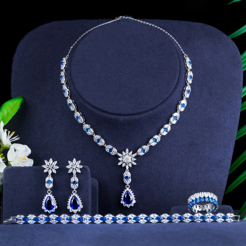 European and American fashion AAA zircon bracelet - perfect accessory for the bride's banquet Set includes necklace earrings ring and bracelet