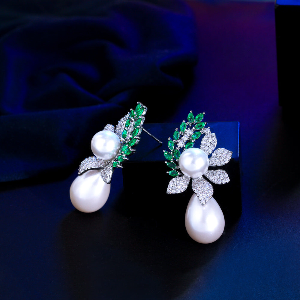 S925 silver needle luxury three-dimensional pearl flower style national trend ear jewelry new Chinese style zirconium stone inlaid pearl earrings