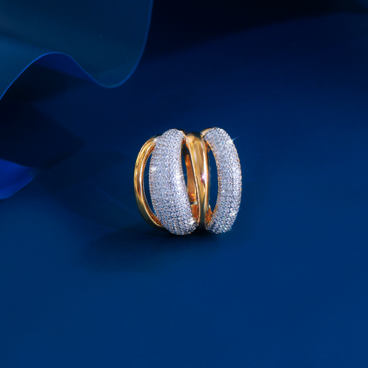 European and American niche luxury copper-plated two-tone 18K gold zirconia geometric opening ring for women fashionable hip and unique finger jewelry