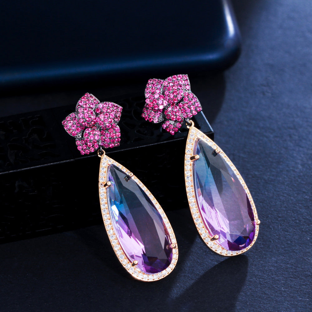 European and American exaggerated and indifferent style stud earrings with zircon stones S925 silver hooks formal evening wear simple water-drop style long earrings
