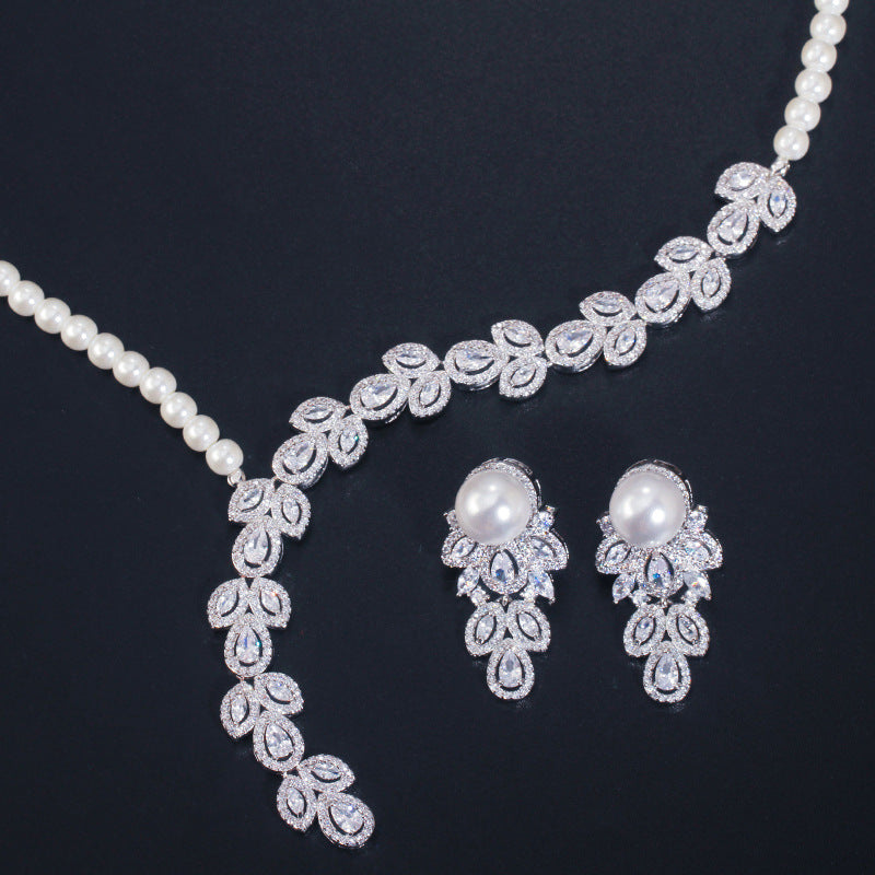 Cross-border best-selling Japanese and Korean-style artificial pearl and zirconia necklace and earring set - bridal set accessories