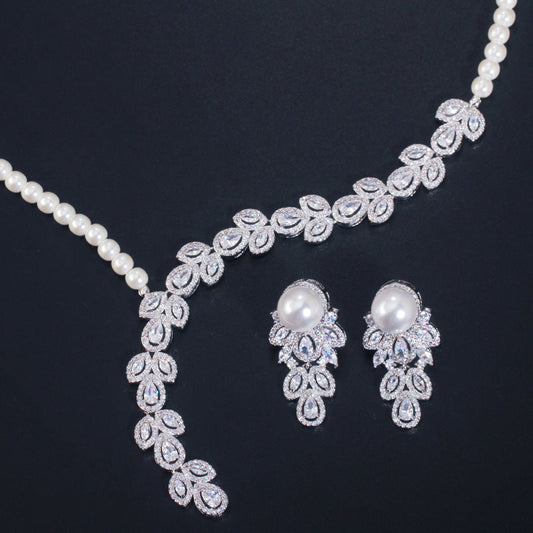 Cross-border best-selling Japanese and Korean-style artificial pearl and zirconia necklace and earring set - bridal set accessories