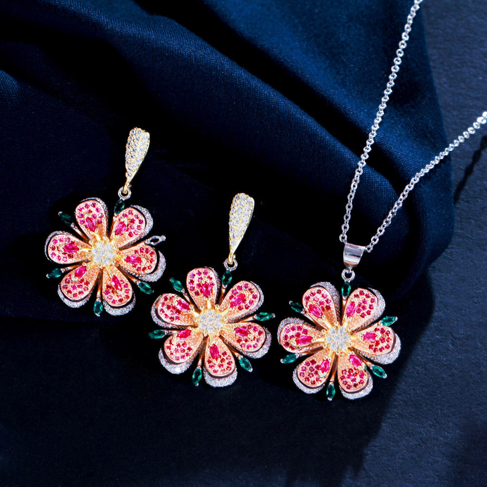 European and American rose-shaped earrings and necklace set - three-dimensional camellia flower colored zirconium stone chain - fashionable and versatile ear accessories and necklaces