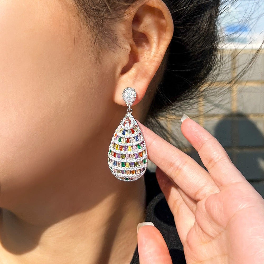 Fashion Heavyweight Elegant Colorful Gemstone Three-Dimensional Earrings Slimming Effect Slightly Set-in Zirconia Hollow Ear Accessories