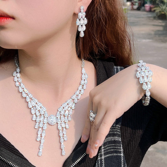 French elegant and luxurious full-diamond choker wedding dress accessories necklace earrings bracelet ring set