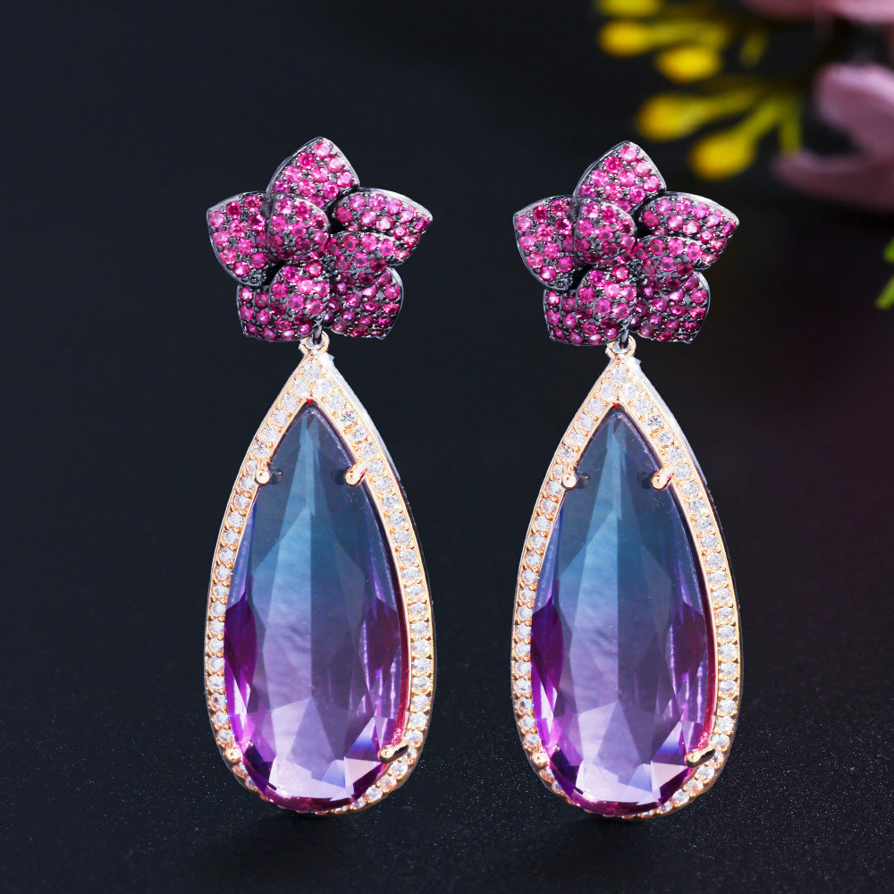 European and American exaggerated and indifferent style stud earrings with zircon stones S925 silver hooks formal evening wear simple water-drop style long earrings