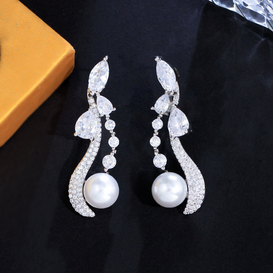 S925 silver needle minimalist and niche zircon twisted geometric pearl earrings, sweet and fashionable style full diamond drop earrings accessory