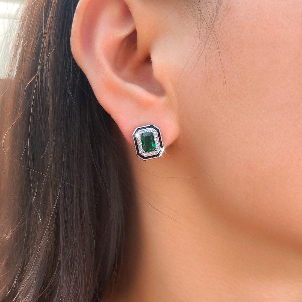 Paraiaba fashion square-shaped earrings with tiny diamond inlays elegant and versatile black enamel zirconia earrings