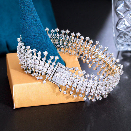 Luxury-Style Heavy-duty Brass Zirconium Stone Bracelet with Glittering Multi-Layered Full-Diamonds for Ladies Elegant Banquet Dress Accessories Handwear Items