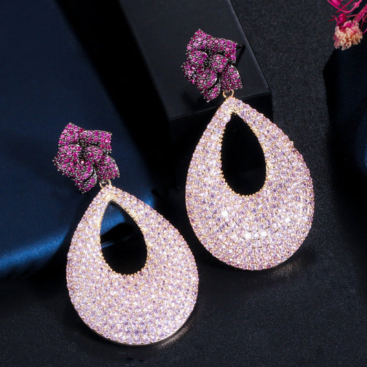 New style pink zirconium rose flower large earrings for Europe and America Made of 925 silver circular ear accessories for women