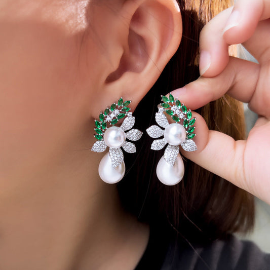 S925 silver needle luxury three-dimensional pearl flower style national trend ear jewelry new Chinese style zirconium stone inlaid pearl earrings