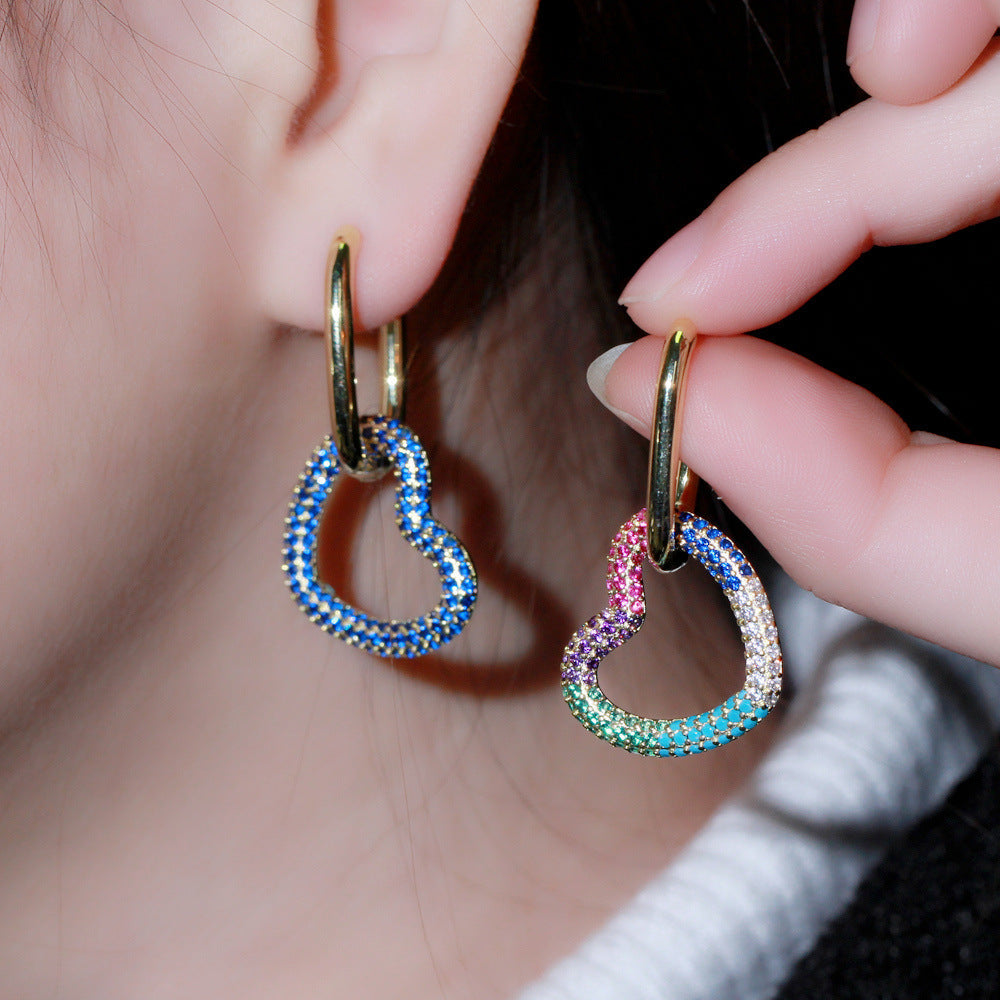 New style personalized double-ring heart-shaped earrings with embedded colorful zircons, trendy hip-hop style earrings