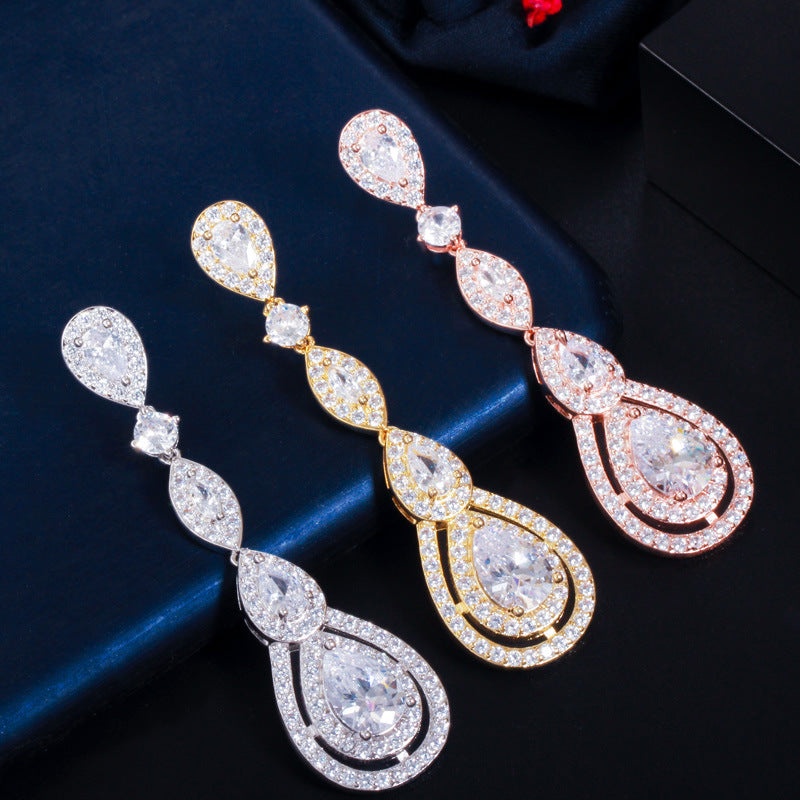 European style long-style earrings with S925 silver hooks set with AAA zirconia stones, fashionable and versatile drop earrings