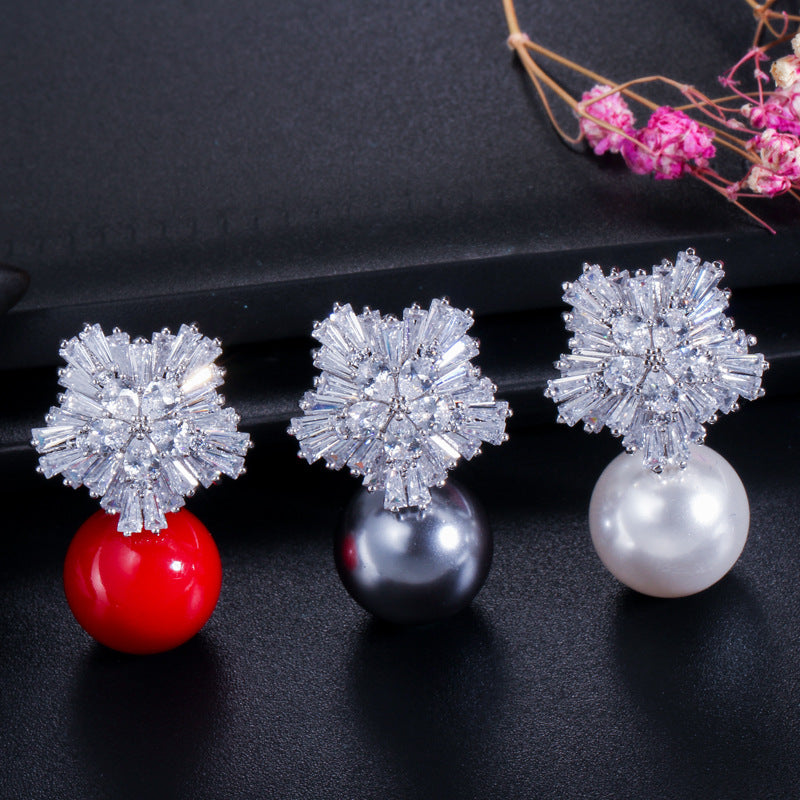 Snowflake Zirconia Beaded Earrings - Korean-style Stud Earrings with Shell Pearl for Weddings and Formal Events
