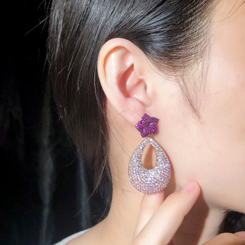 New style pink zirconium rose flower large earrings for Europe and America Made of 925 silver circular ear accessories for women