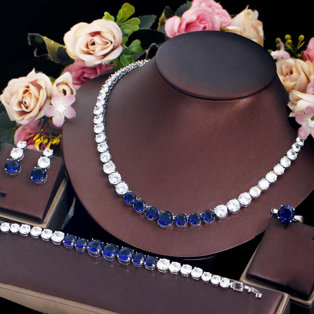 European style minimalist banquet dress accessory set - chain with zirconia necklace earrings bracelet and ring set
