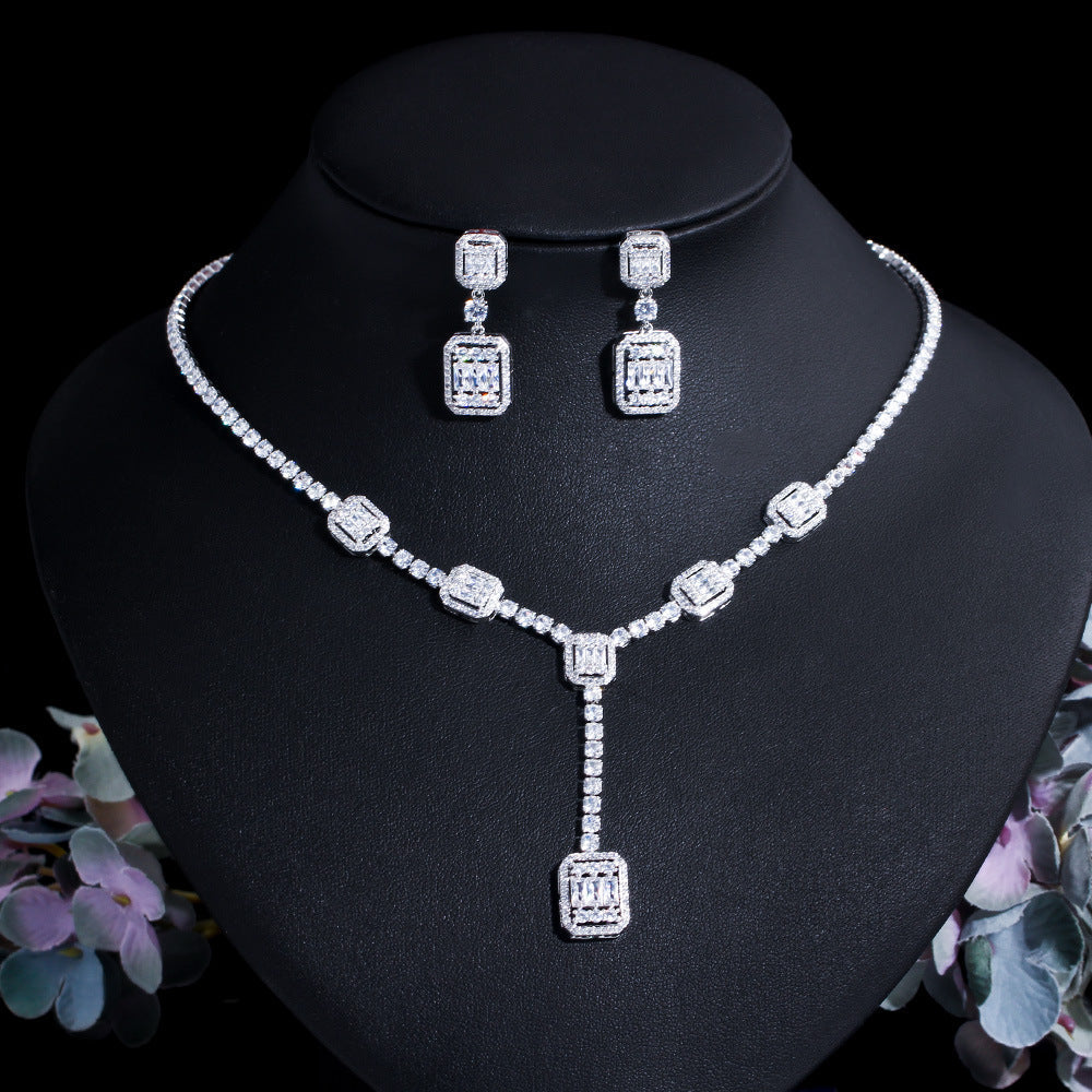 European and American bride jewelry set - dazzling zircon wedding necklace earrings two-piece chain evening gown dress wedding accessory set