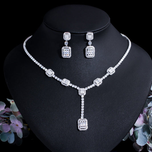 European and American bride jewelry set - dazzling zircon wedding necklace earrings two-piece chain evening gown dress wedding accessory set