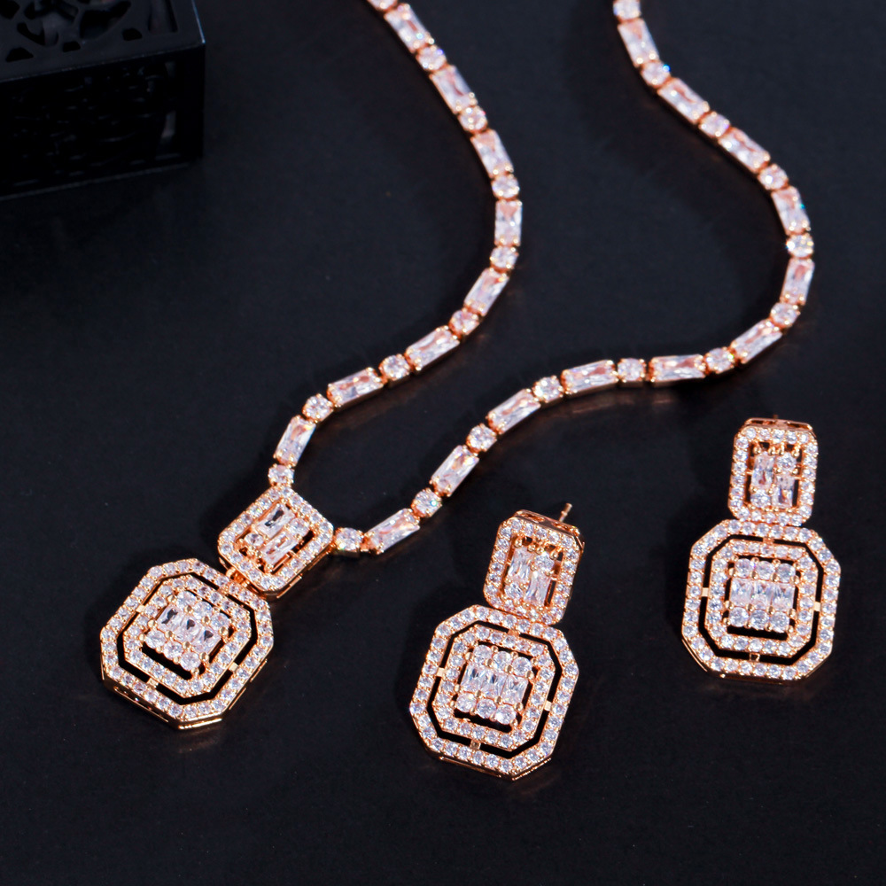 Retro minimalist style square zirconia stud earrings and necklace set chain Lightly luxurious and niche design bridal gown set