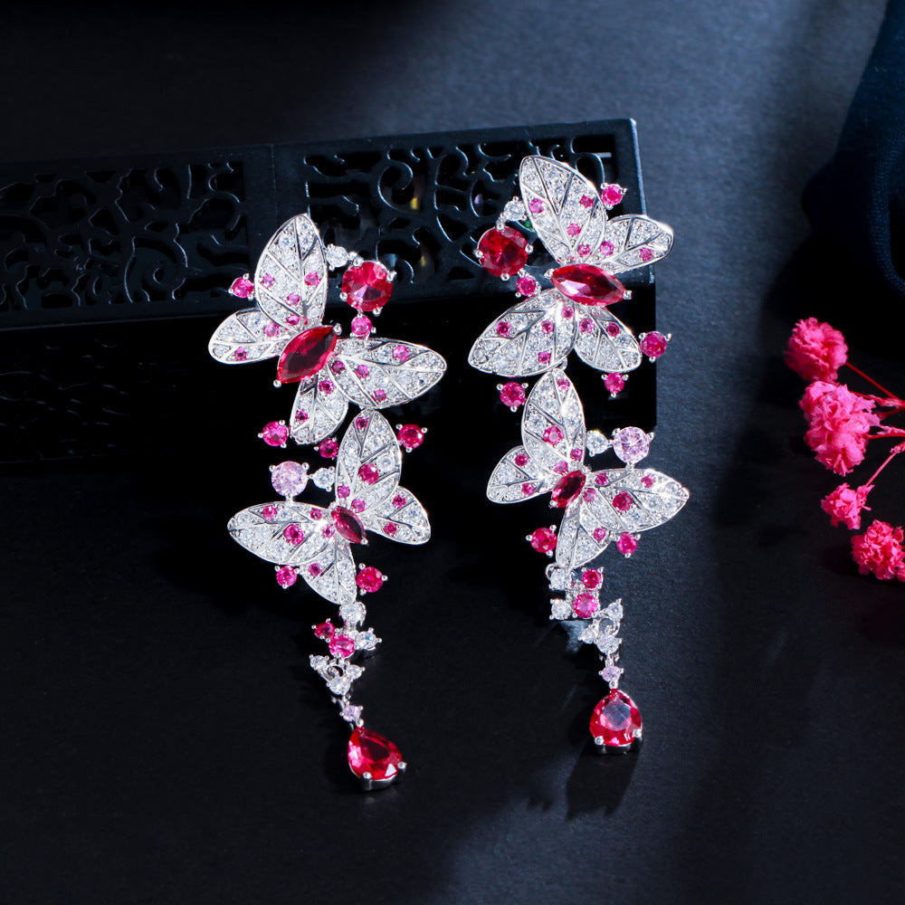 S925 silver needle elegant lady butterfly ear ring with elegant earrings Tiny-set zirconia butterfly zirconia earrings