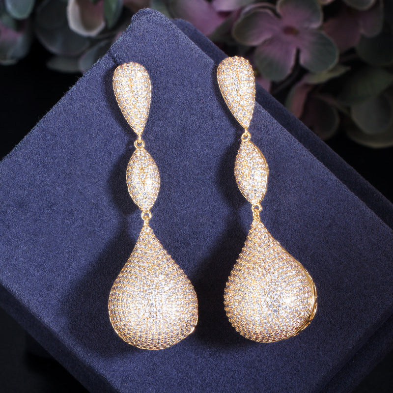 Micro-set zirconia earrings copper-plated with three-color full diamonds irregular long style elegant ear pendants