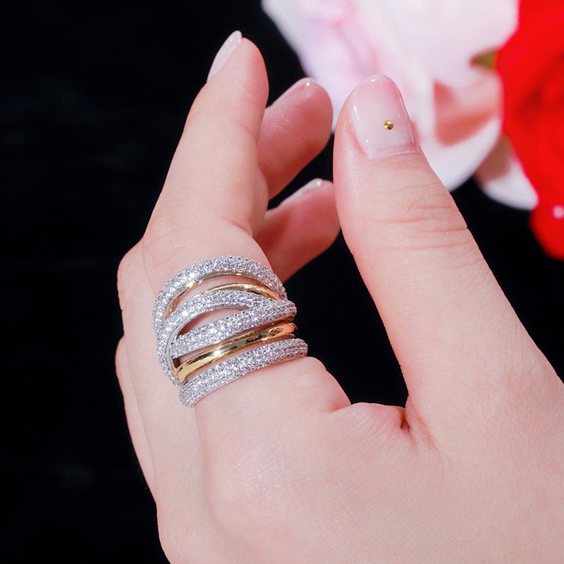 European and American style micro-set diamond ring with double-color electroplating finger ring
