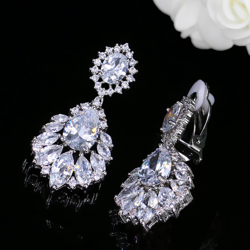 Fashion Drop 18K White Gold Zirconia Ear Clip - Popular in Europe and America Classic Style Bridal Earring - Earpiece Set