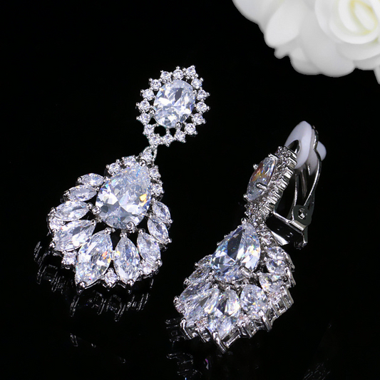 Fashion Drop 18K White Gold Zirconia Ear Clip - Popular in Europe and America Classic Style Bridal Earring - Earpiece Set