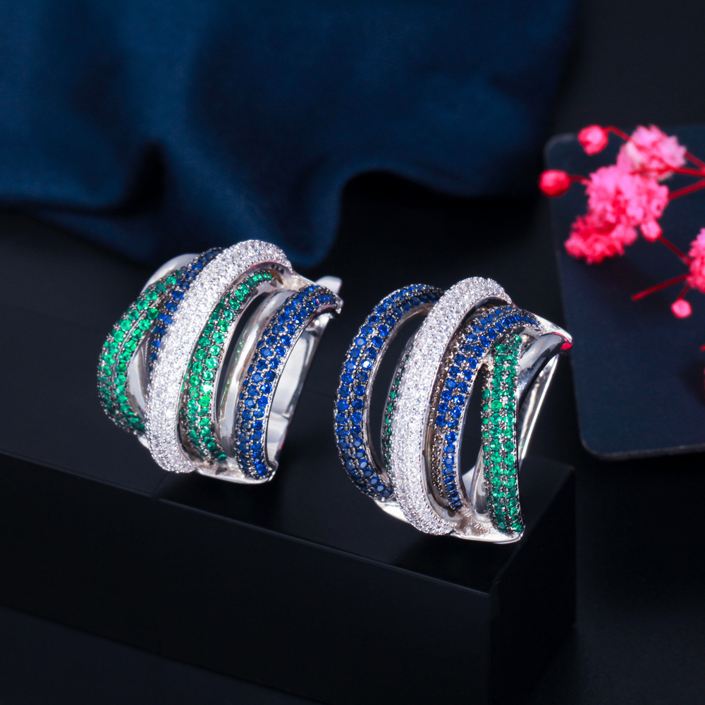 Best-selling earrings - three-color electroplated with tiny-set zirconia - eye-catching earrings with ear clasps