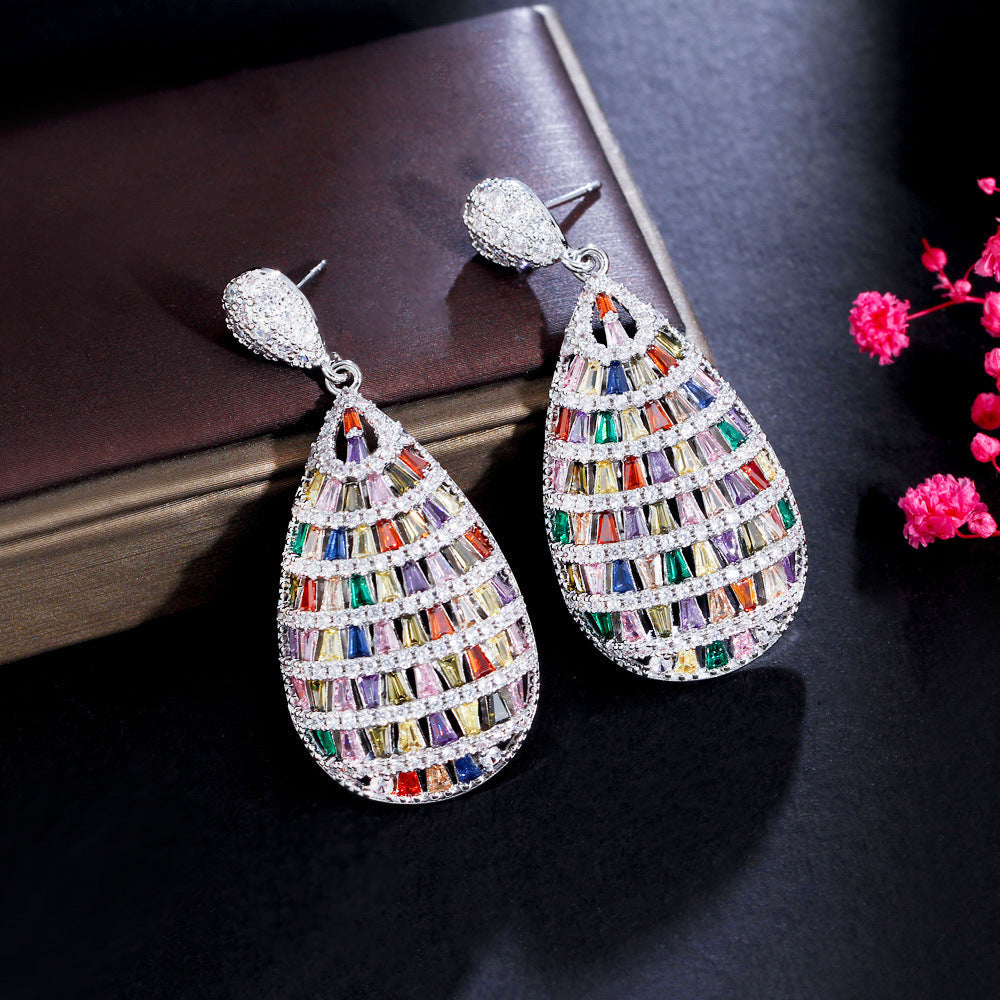 Fashion Heavyweight Elegant Colorful Gemstone Three-Dimensional Earrings Slimming Effect Slightly Set-in Zirconia Hollow Ear Accessories