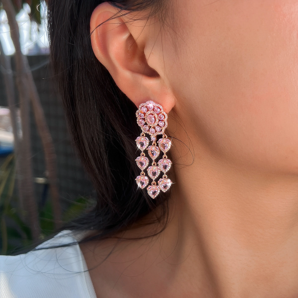 925 silver needle heavy industry hollowed-out heart-shaped pink zirconia earrings - luxurious drop-style earrings elegant and personalized a piece of exquisite jewelry