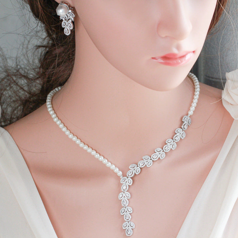 Cross-border best-selling Japanese and Korean-style artificial pearl and zirconia necklace and earring set - bridal set accessories