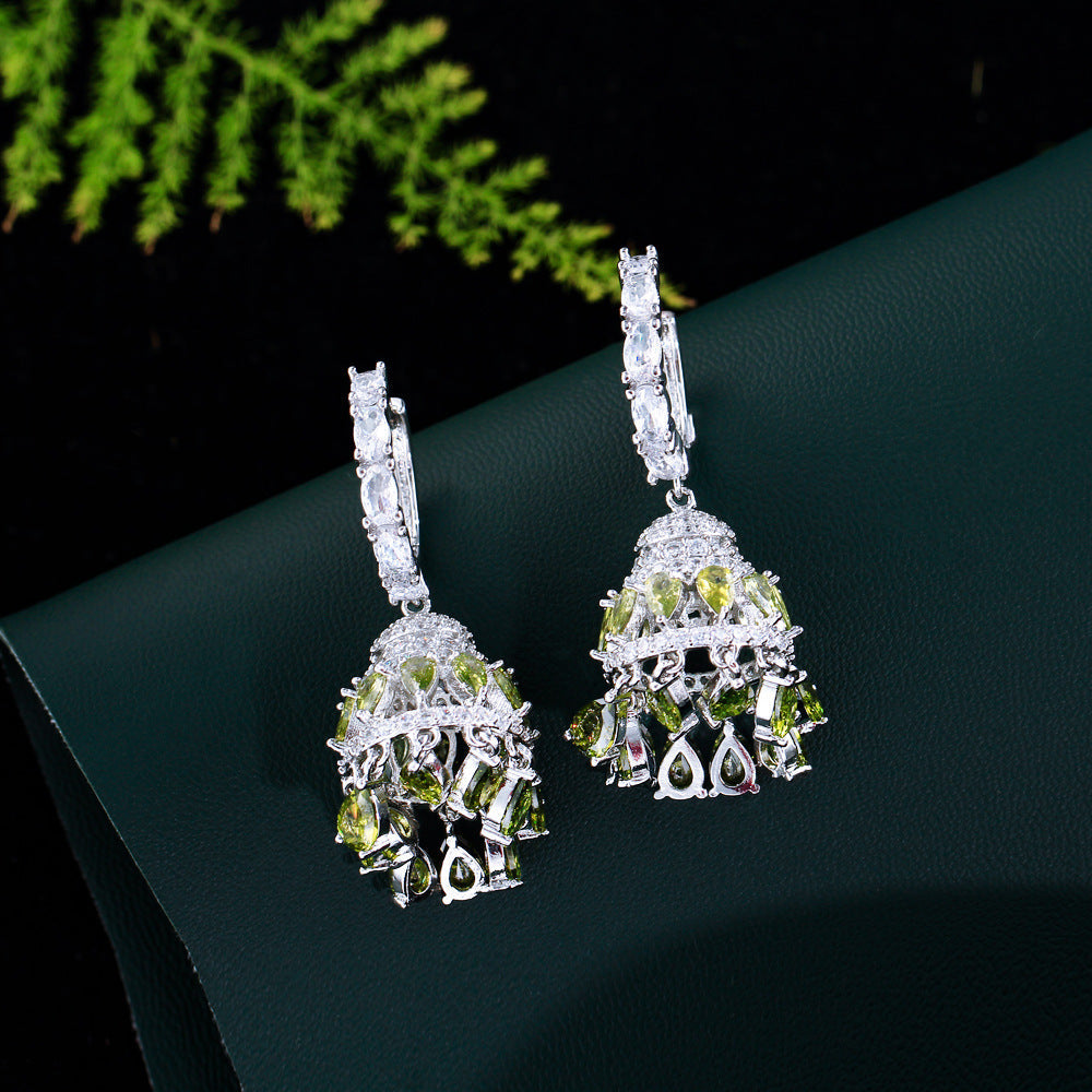 European Heavy Industry Luxurious Retro Court Style Zircon Earrings with Full-Diamond Tassels and Hollow Bell Chimes Hollow Ear Accessories