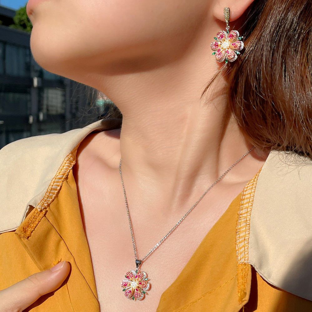 European and American rose-shaped earrings and necklace set - three-dimensional camellia flower colored zirconium stone chain - fashionable and versatile ear accessories and necklaces