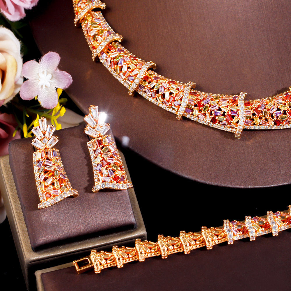 European and American fashion colored zircon jewelry set - including a wedding dress chain wedding dress evening gown necklace earrings ring bracelet and anklet set