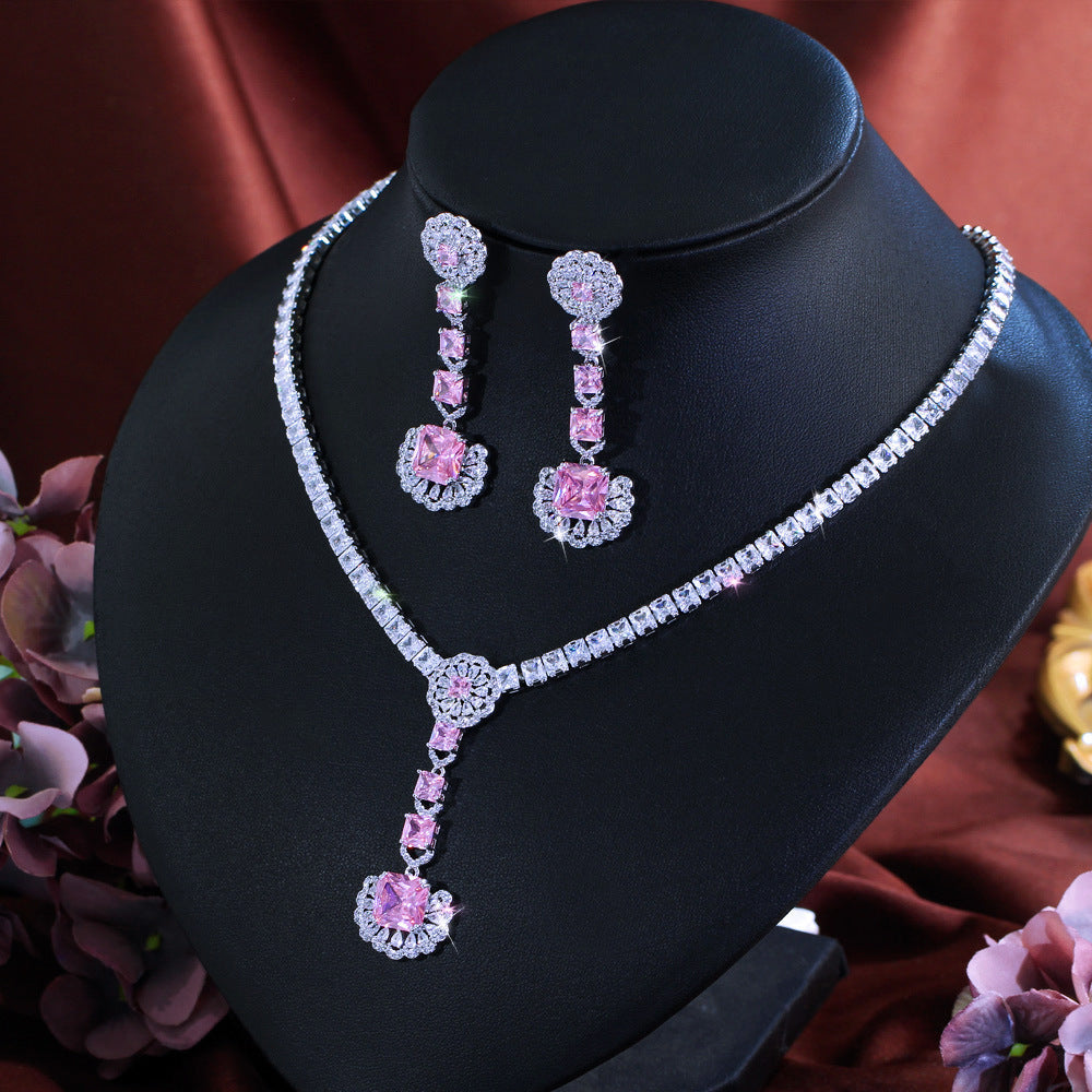 Korean version luxurious bridal banquet necklace earrings and ring set - super shiny zirconia earrings pendant-style earrings with elegant design