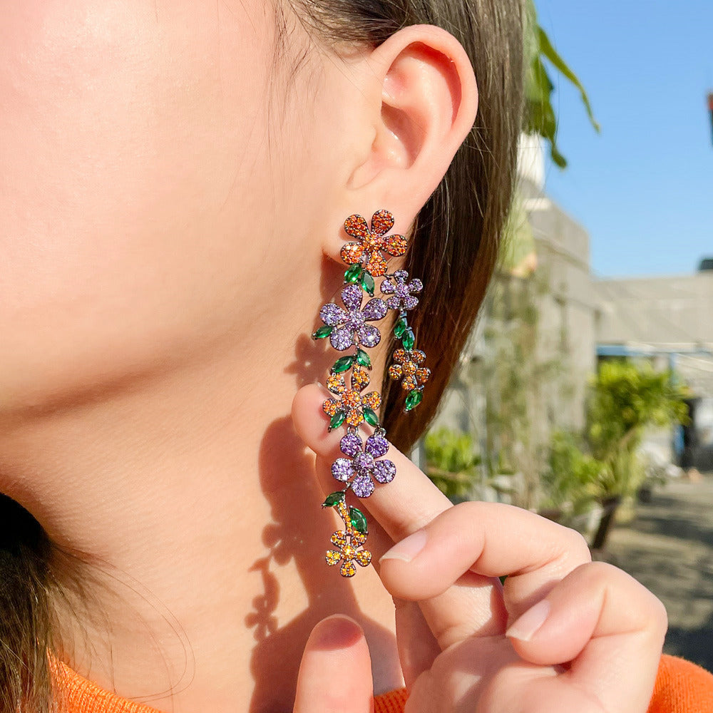 S925 silver needle high-end lady-style flower petal long-style earrings with heavy-weight colored tassels as ear jewelry