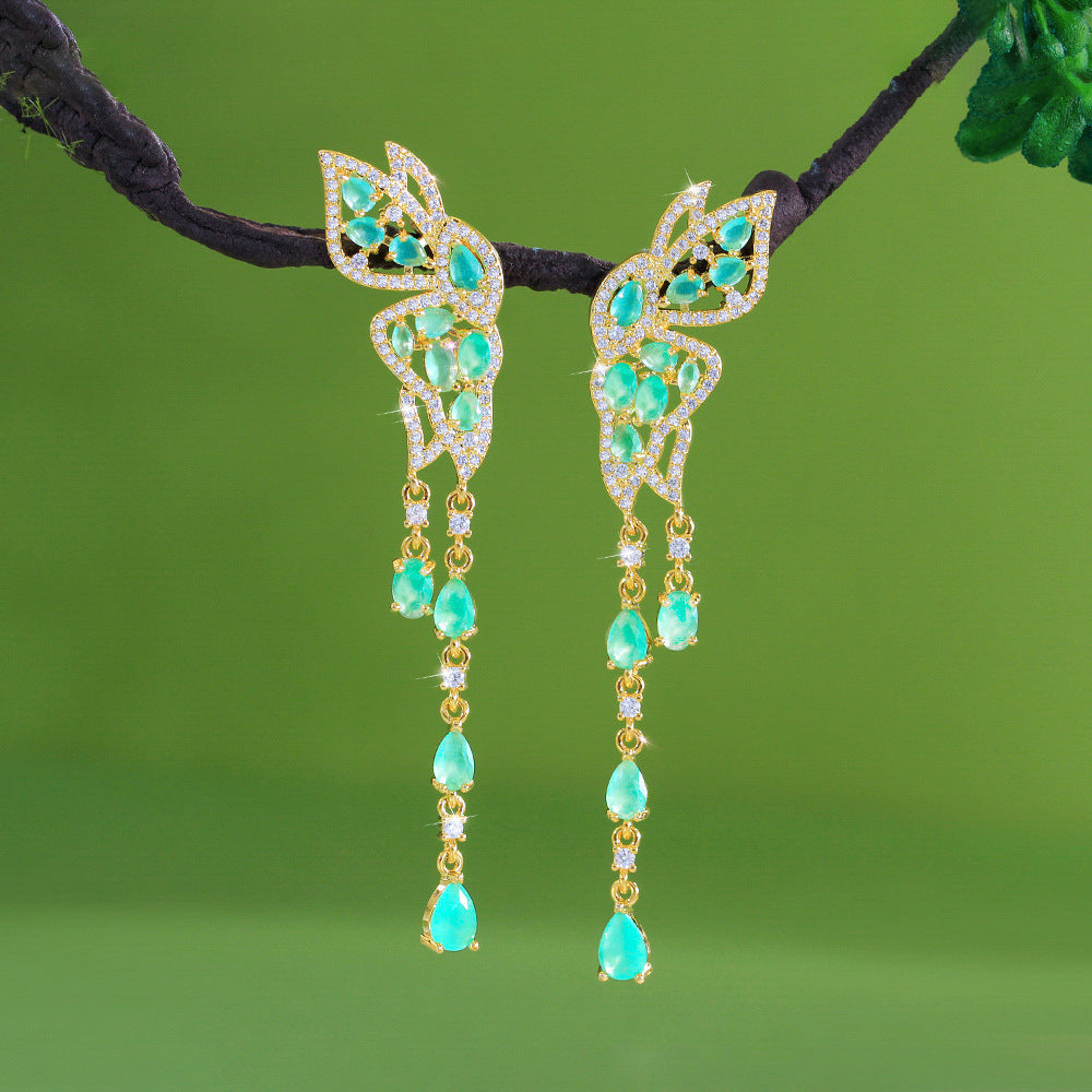 S925 silver fine luxury and elegant butterfly-shaped droplet fringed earrings which enhance the face shape and exude a regal aura Zirconium stone earrings